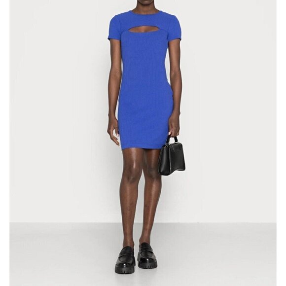 Guess Lana Ribbed-Knit Bodycon Dress MEDIUM BLUE Tanzanite Short Sleeve - Picture 5 of 15